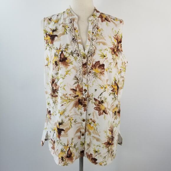 Van Heusen Cream Brown Green Yellow Floral Linen Blend Vintage Top Shirt Large - Picture 1 of 6